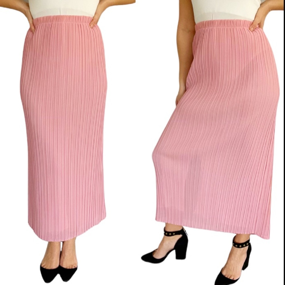 Vintage blush pink pleated chiffon midi pencil skirt size 12